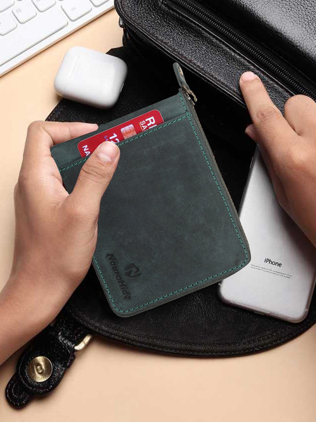 

NauraHide Men Leather Zip Around Wallet, Green