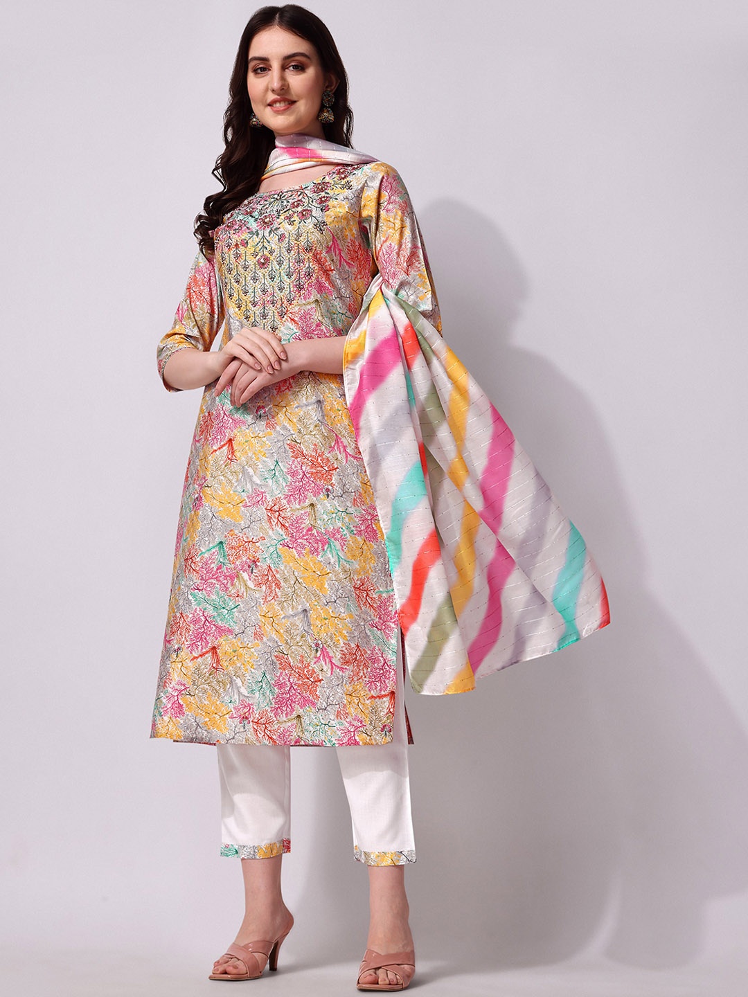 

Berrylicious Ethnic Motif Printed Thread Work Straight Kurta With Trousers & Dupatta, Yellow