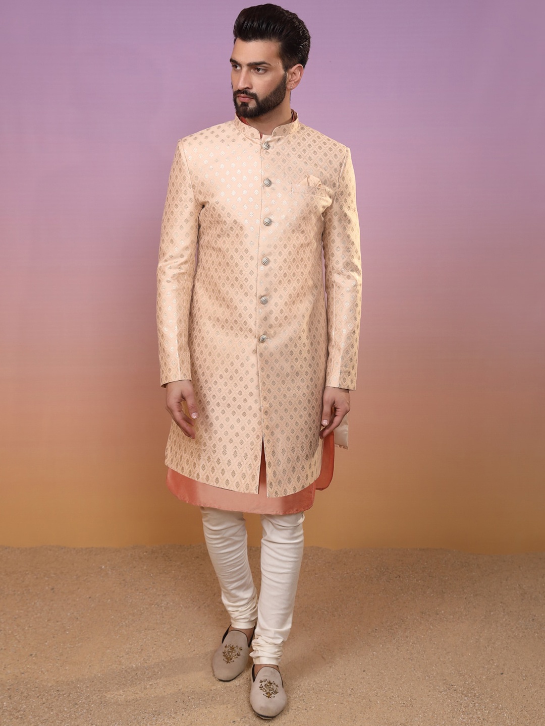 

KISAH Men Ethnic Motifs Woven Design Indowestern Sherwani Set, Peach