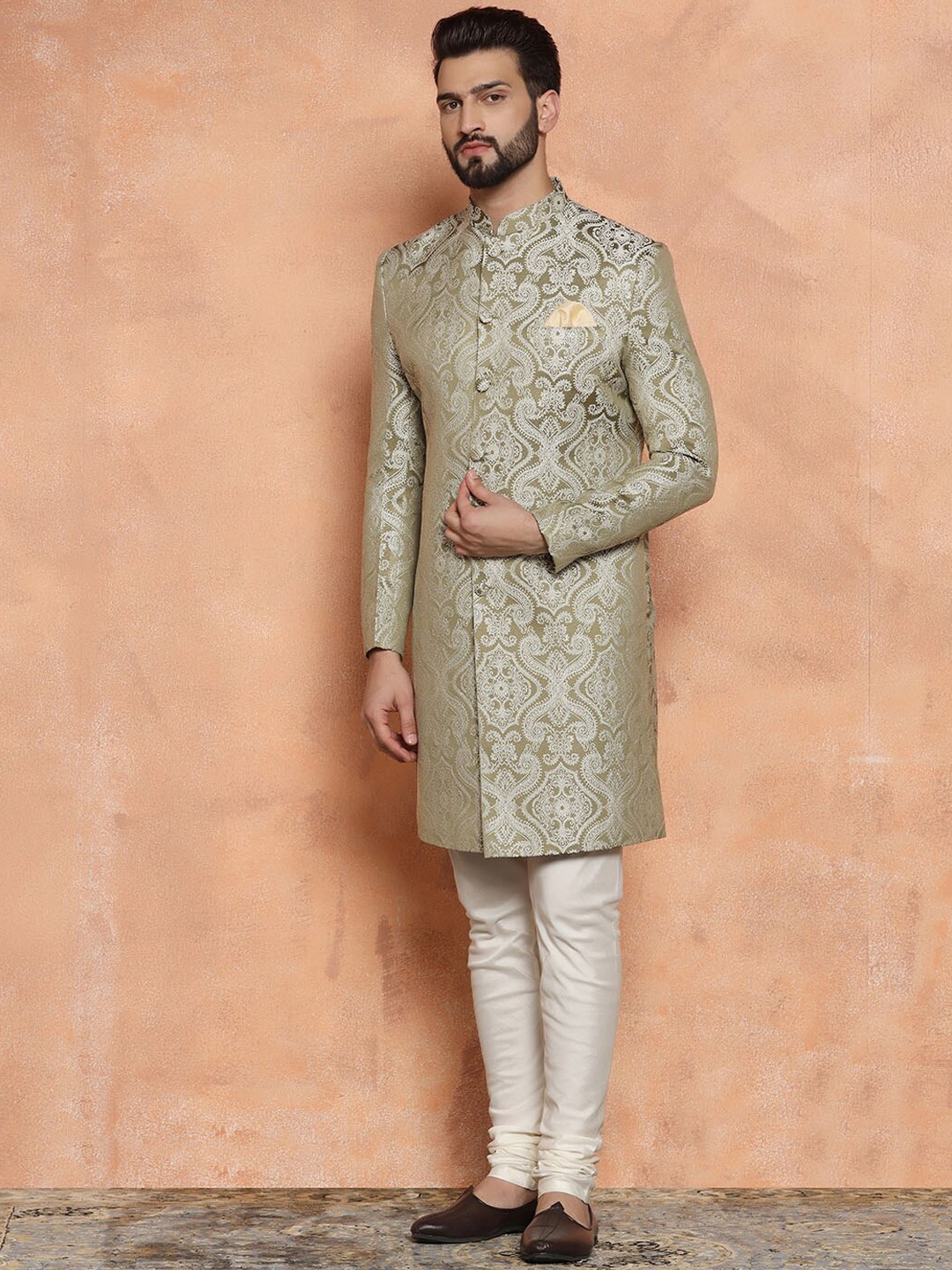 

KISAH Men Woven Design Straight Indowestern Sherwani Set, Olive