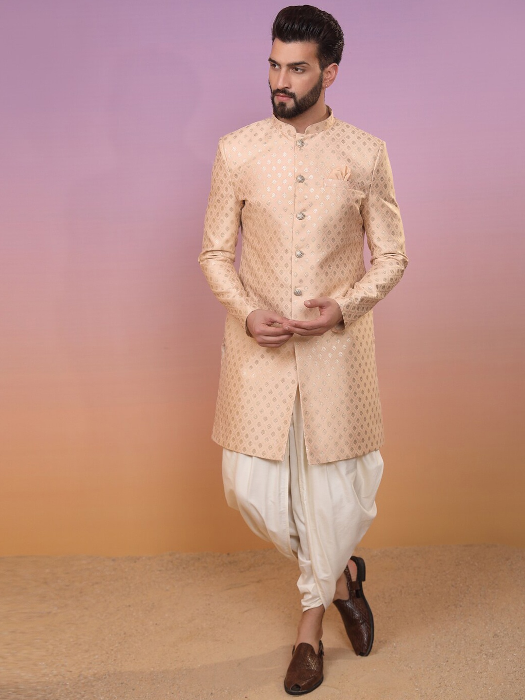 

KISAH Men Ethnic Motifs Jacquard Indowestern Sherwani with Dhoti Pants Set, Peach