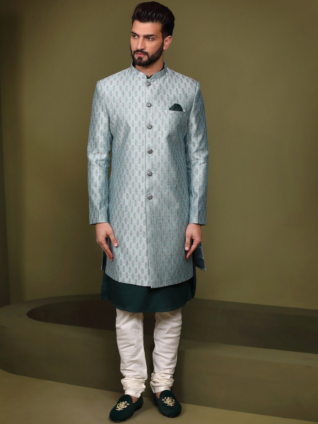 KISAH Men Woven Design Kurta & Indowestern Sherwani with Churidar Set, Blue