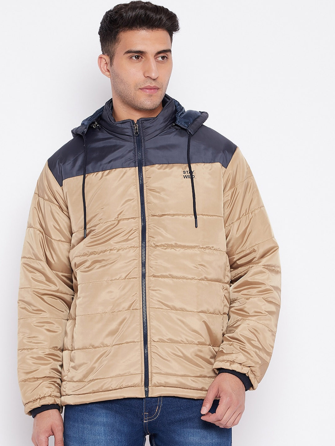 

Cantabil Men Hooded Colourblocked Lightweight Woven Quilted Jacket, Khaki