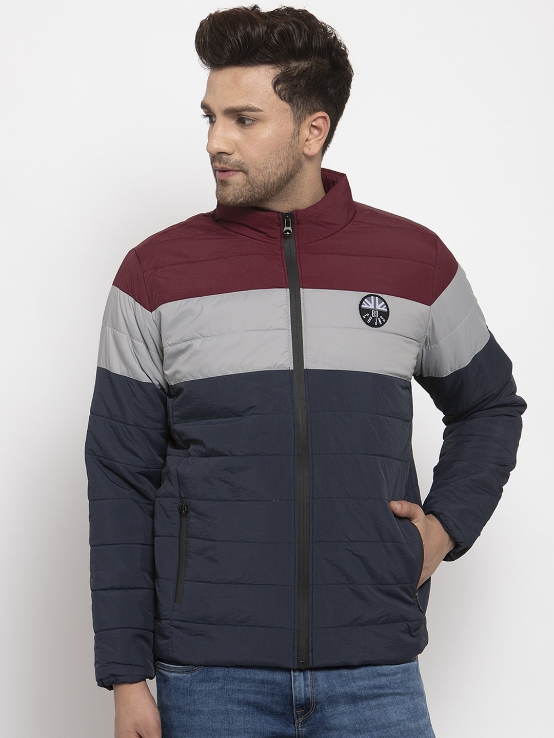 

Cantabil Men Mock Collar Colourblocked Lightweight Padded Jacket, Maroon