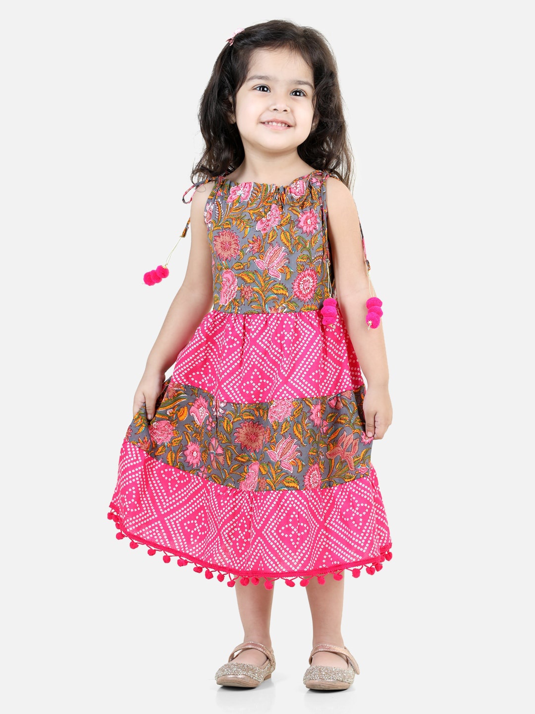

BownBee Girls Shoulder Straps Ethnic Motifs Printed Cotton Fit & Flare Dress, Pink