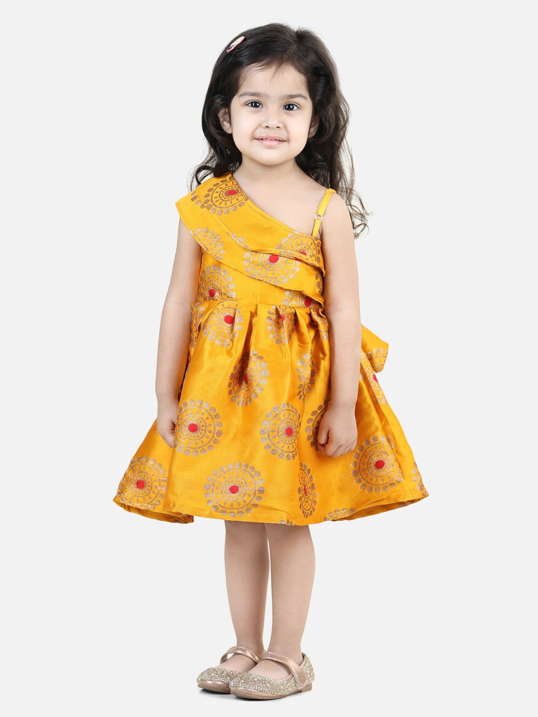 

BownBee Girls Shoulder Straps Ethnic Motifs Jacquard Fit And Flare Dress, Yellow