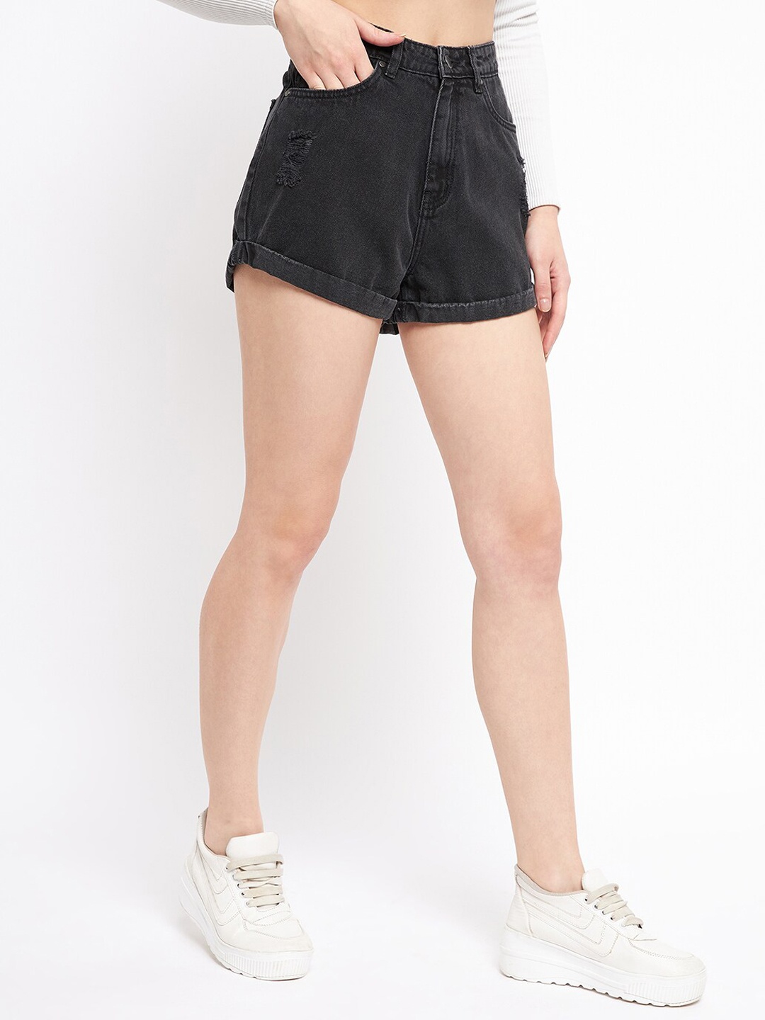 

Madame Women Mildly Distress Mid-Rise Cotton Denim Shorts, Black