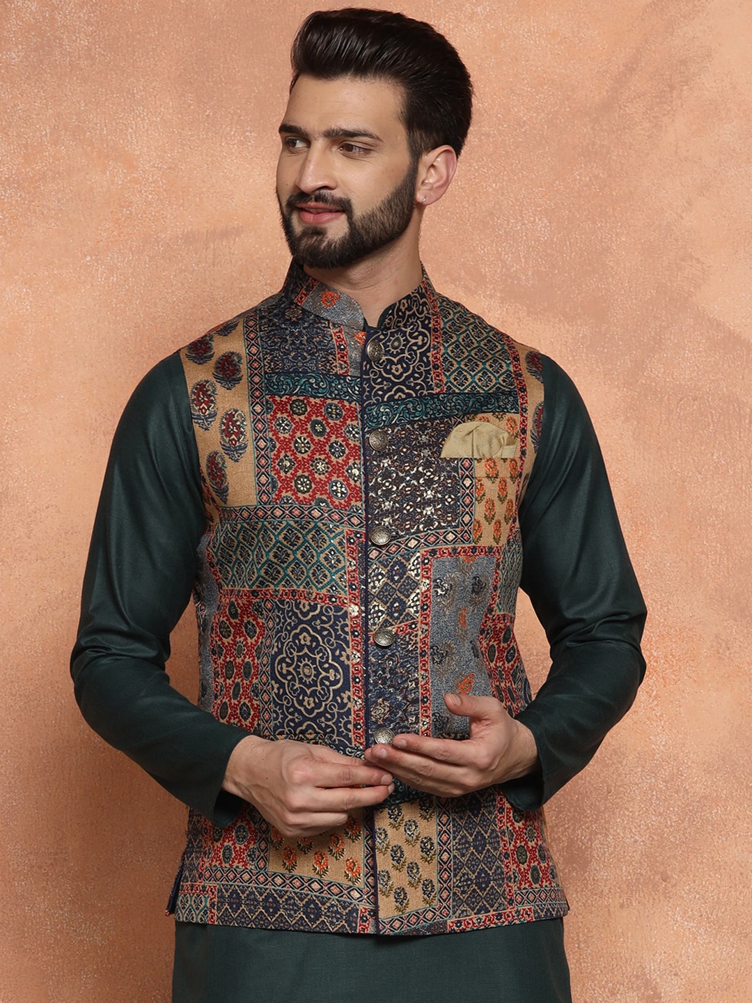 

KISAH Men Printed Zari Regular Fit Nehru Jacket, Navy blue