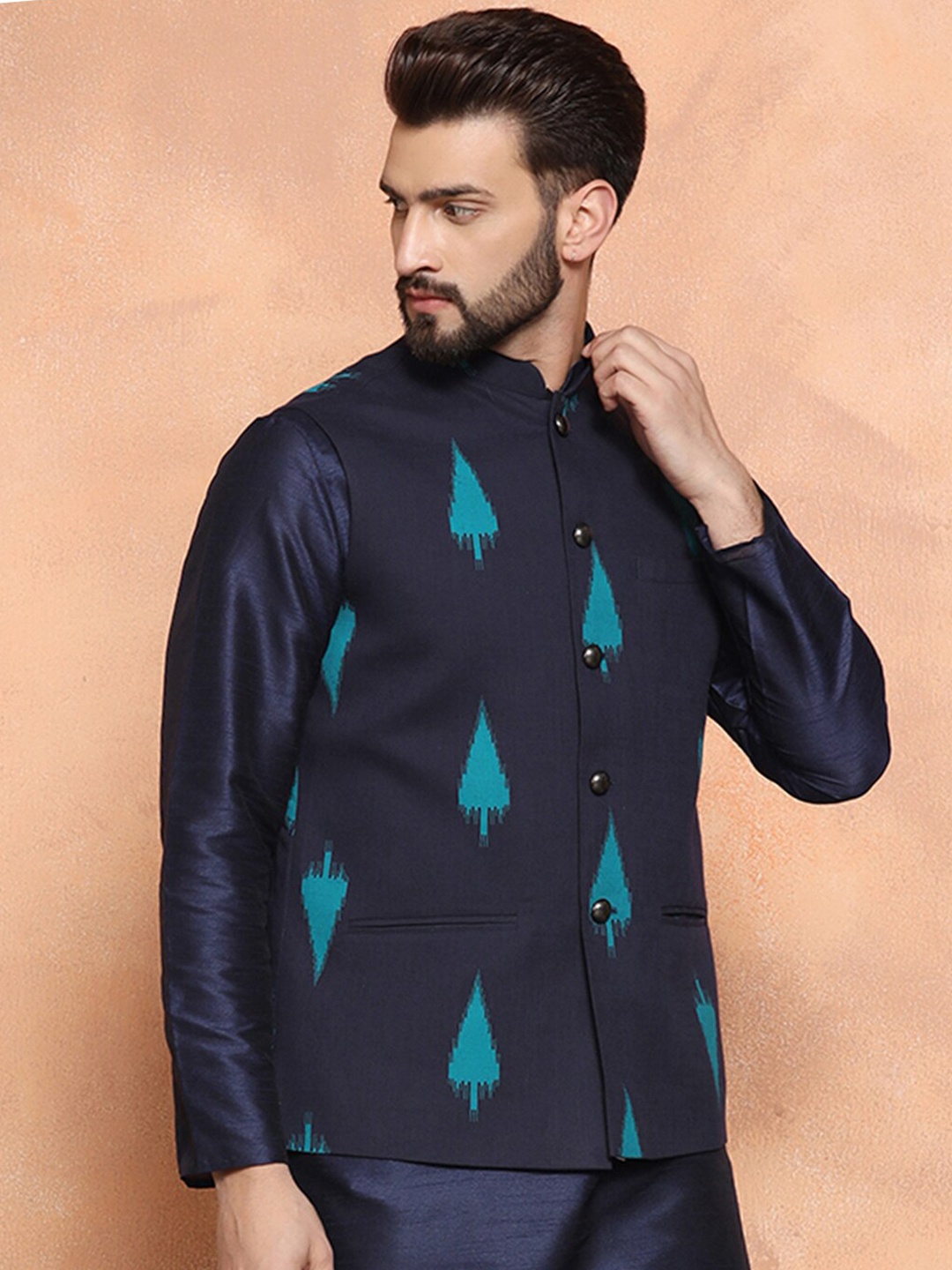 KISAH Printed Mandarin Collar Nehru Jackets With Pocket Square, Navy blue