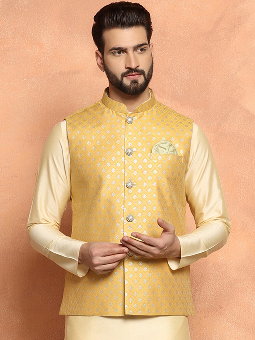 KISAH Woven Design Nehru Jackets, Mustard