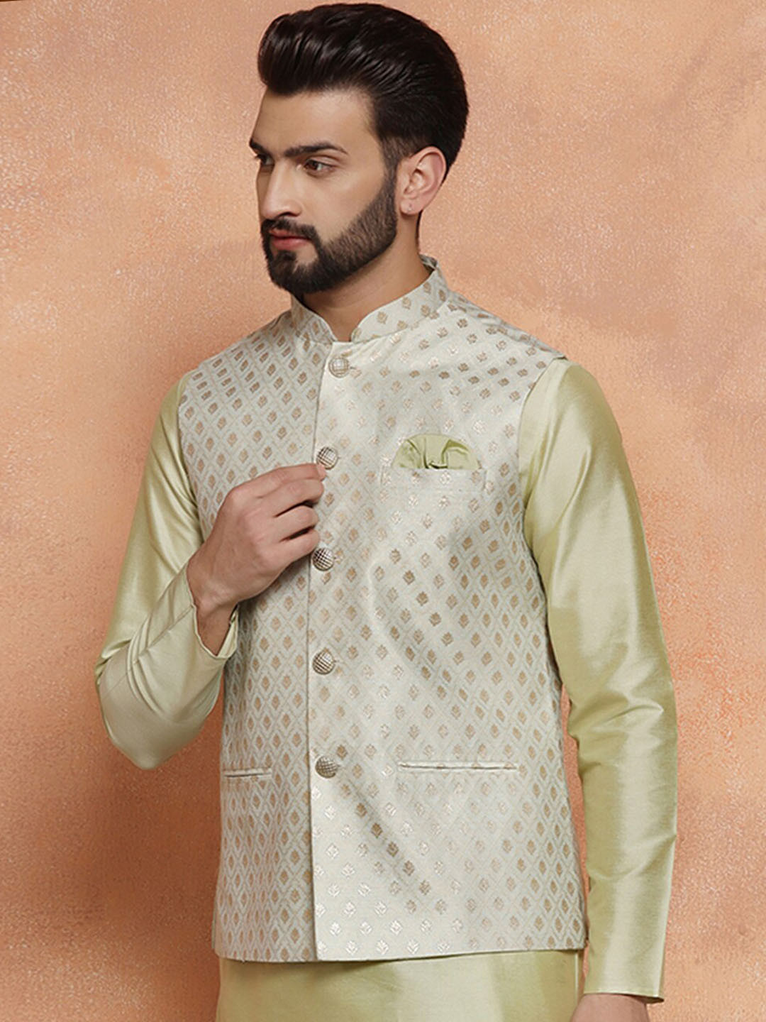 

KISAH Woven Design Mandarin Collar Nehru Jackets With Pocket Square, Green