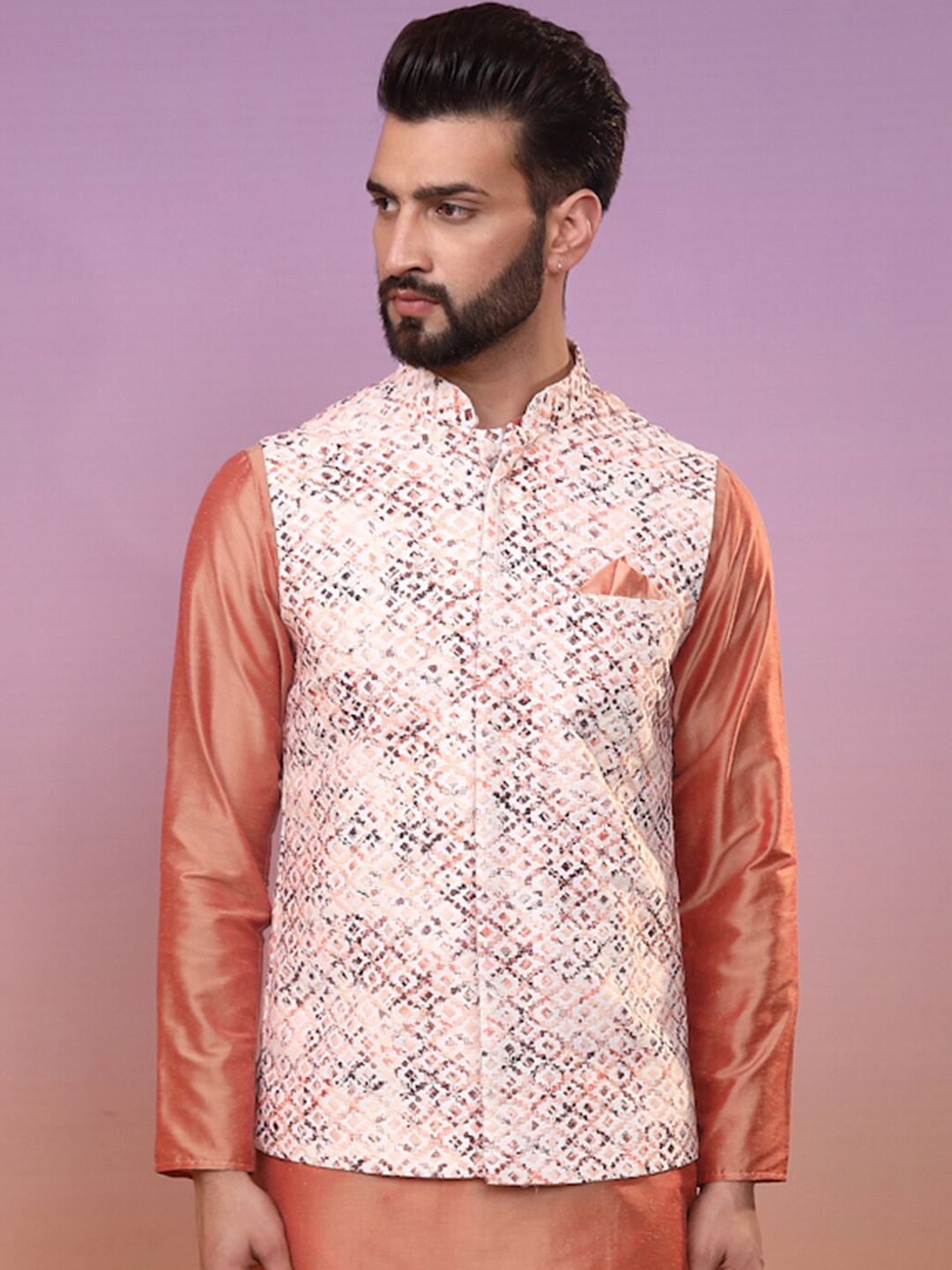 

KISAH Printed Nehru Jackets With Pocket Square, Cream