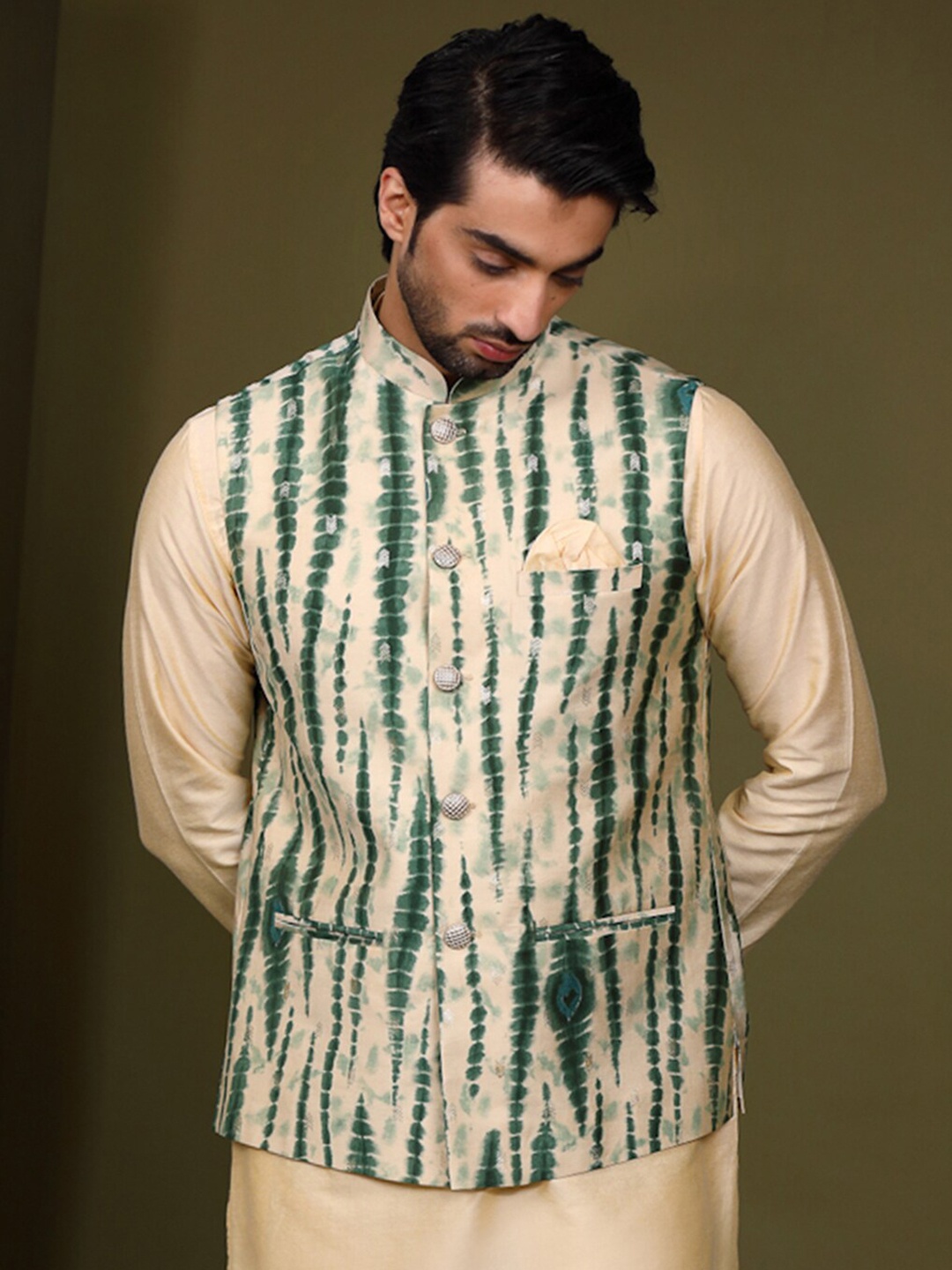 KISAH Printed Mandarin Collar Nehru Jackets With Pocket Square, Beige