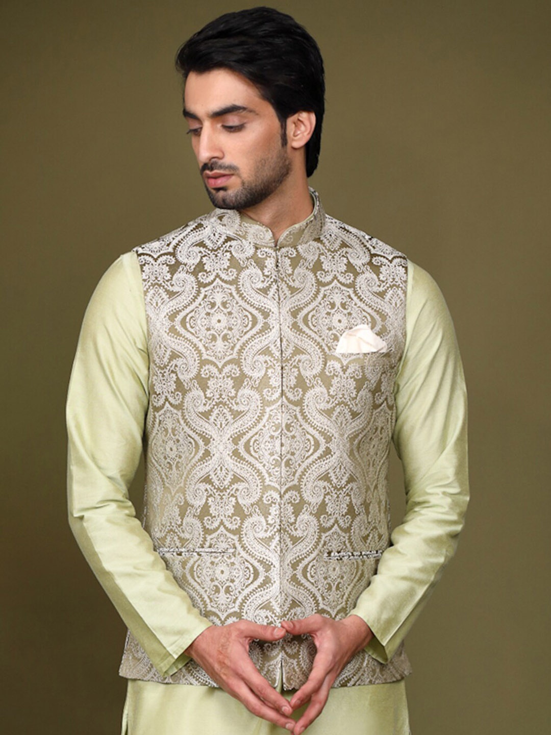 

KISAH Men Woven Design Nehru Jacket With Pocket Square, Olive