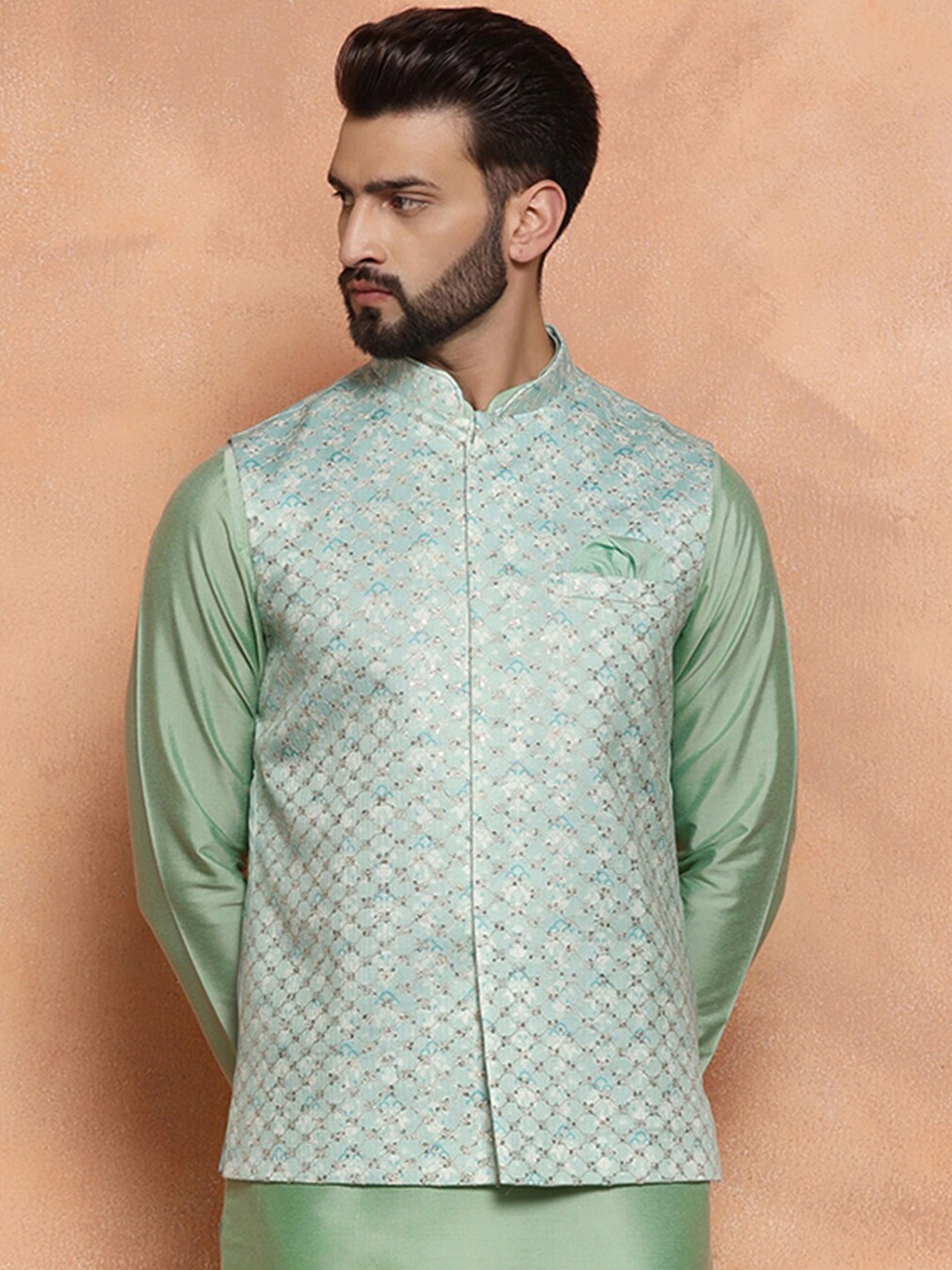 

KISAH Embellished Nehru Jackets With Pocket Square, Green