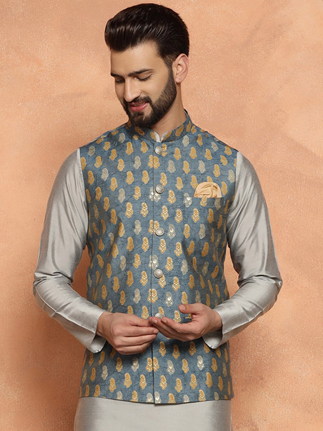 

KISAH Ethnic Motifs Printed Mandarin Collar Nehru Jackets With Pocket Square, Grey