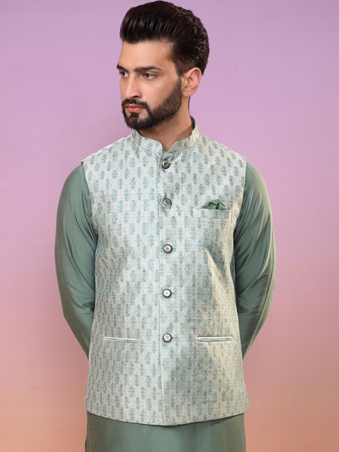 

KISAH Floral Woven Design Mandarin Collar Nehru Jackets With Pocket Square, Green