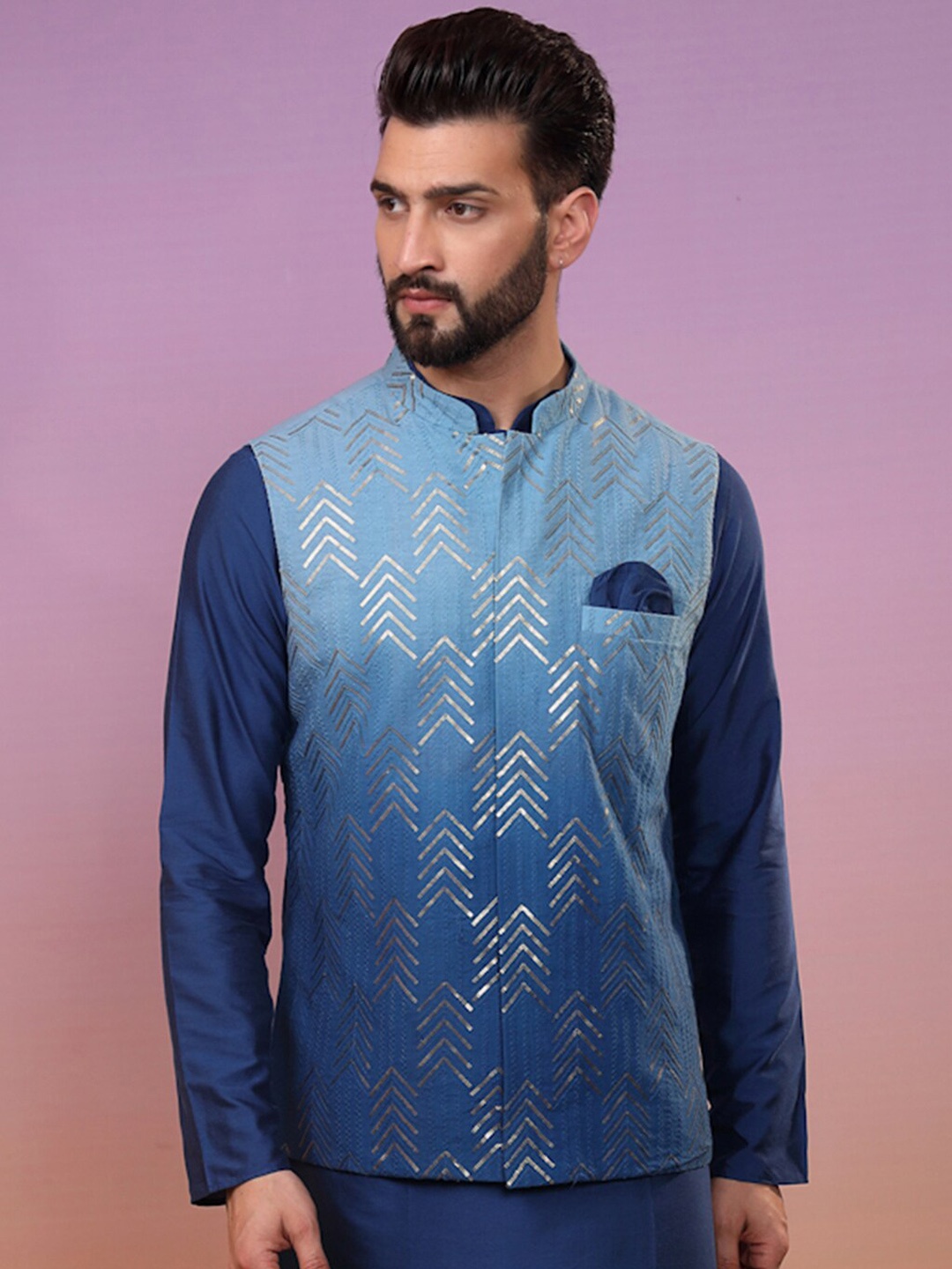 

KISAH Embellished Pure Cotton Nehru Jackets With Pocket Square, Navy blue