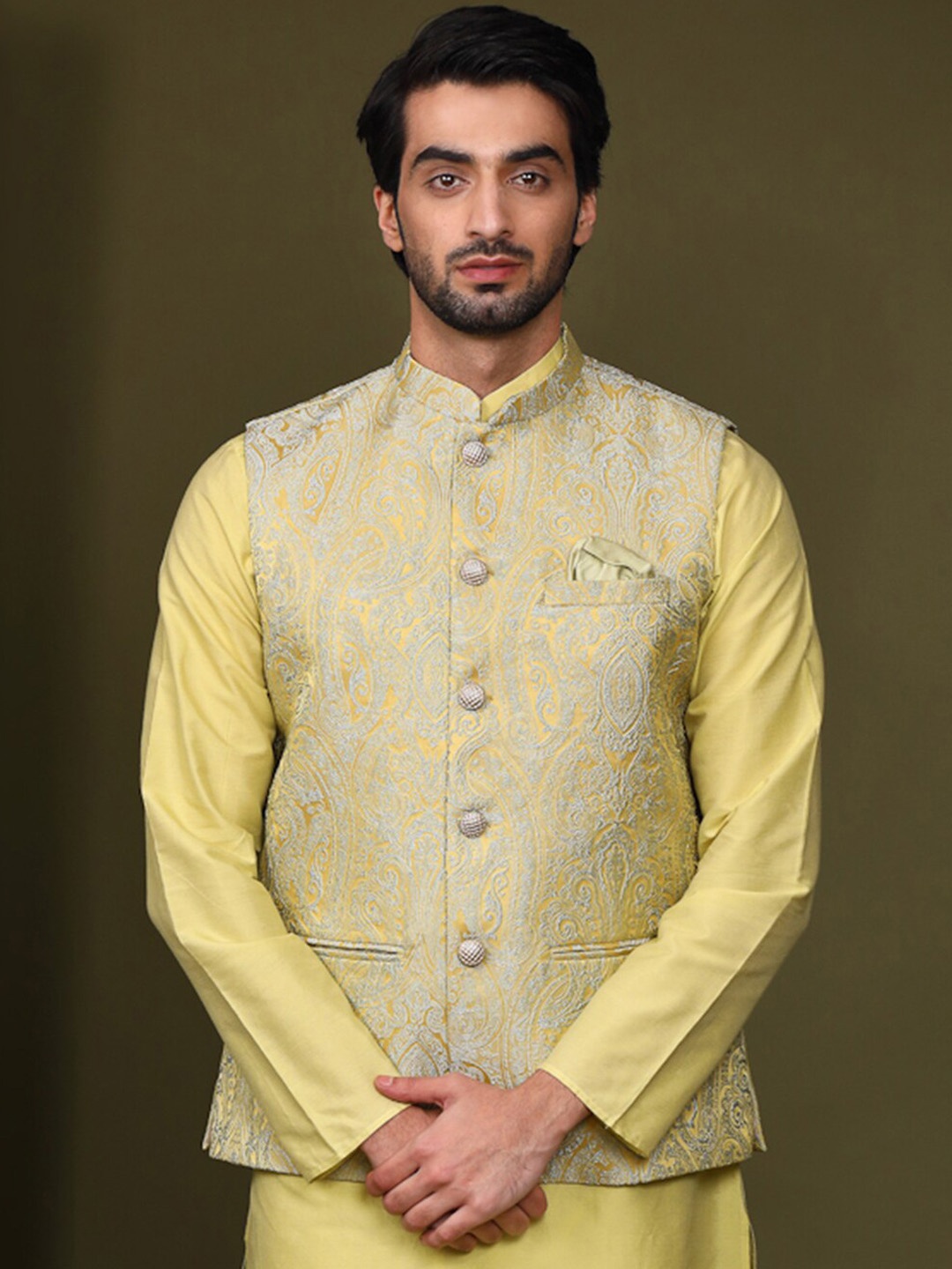 

KISAH Embellished Nehru Jackets With Pocket Square, Lime green