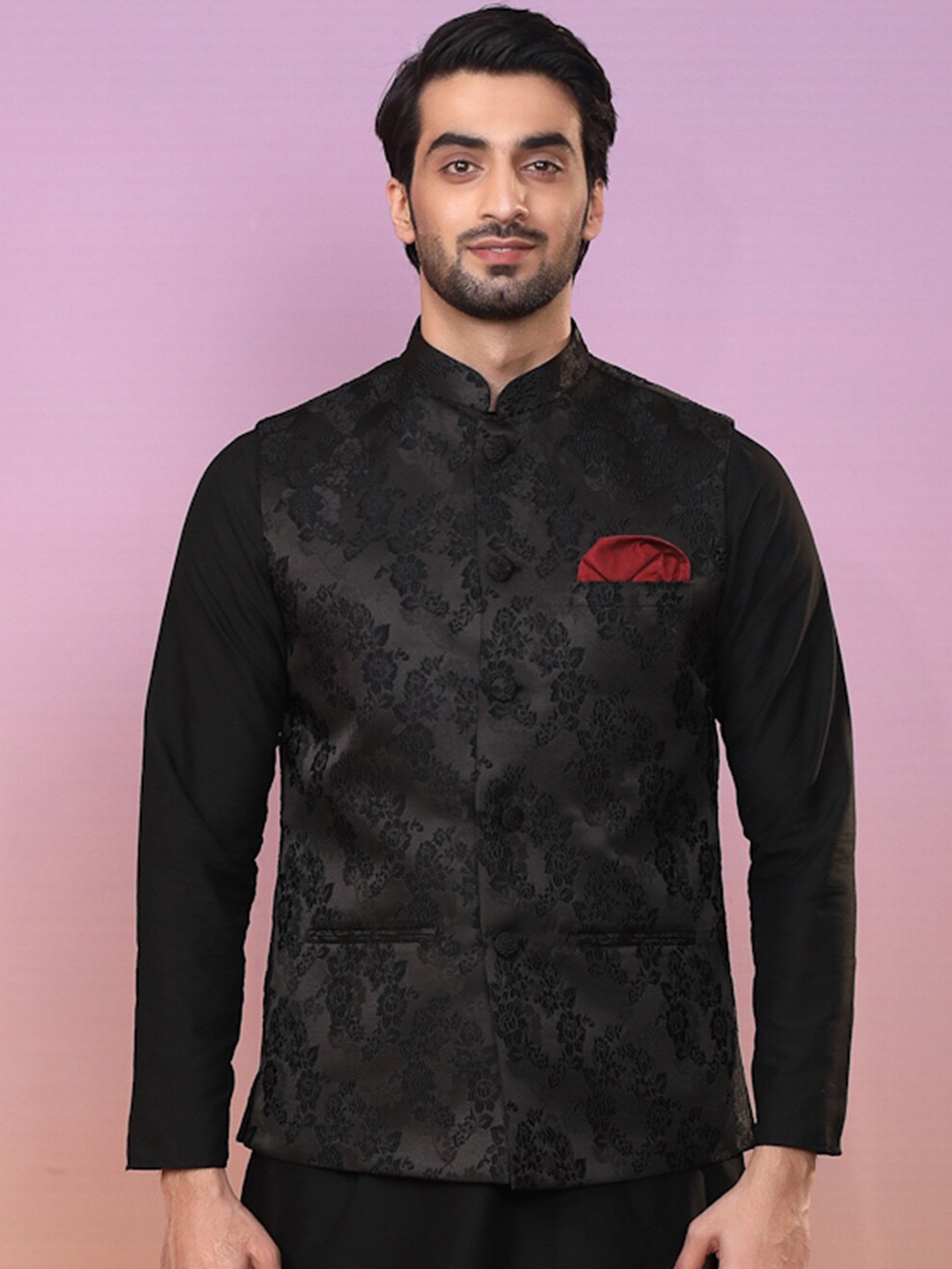 

KISAH Men Woven Design Nehru Jacket With Pocket Square, Black