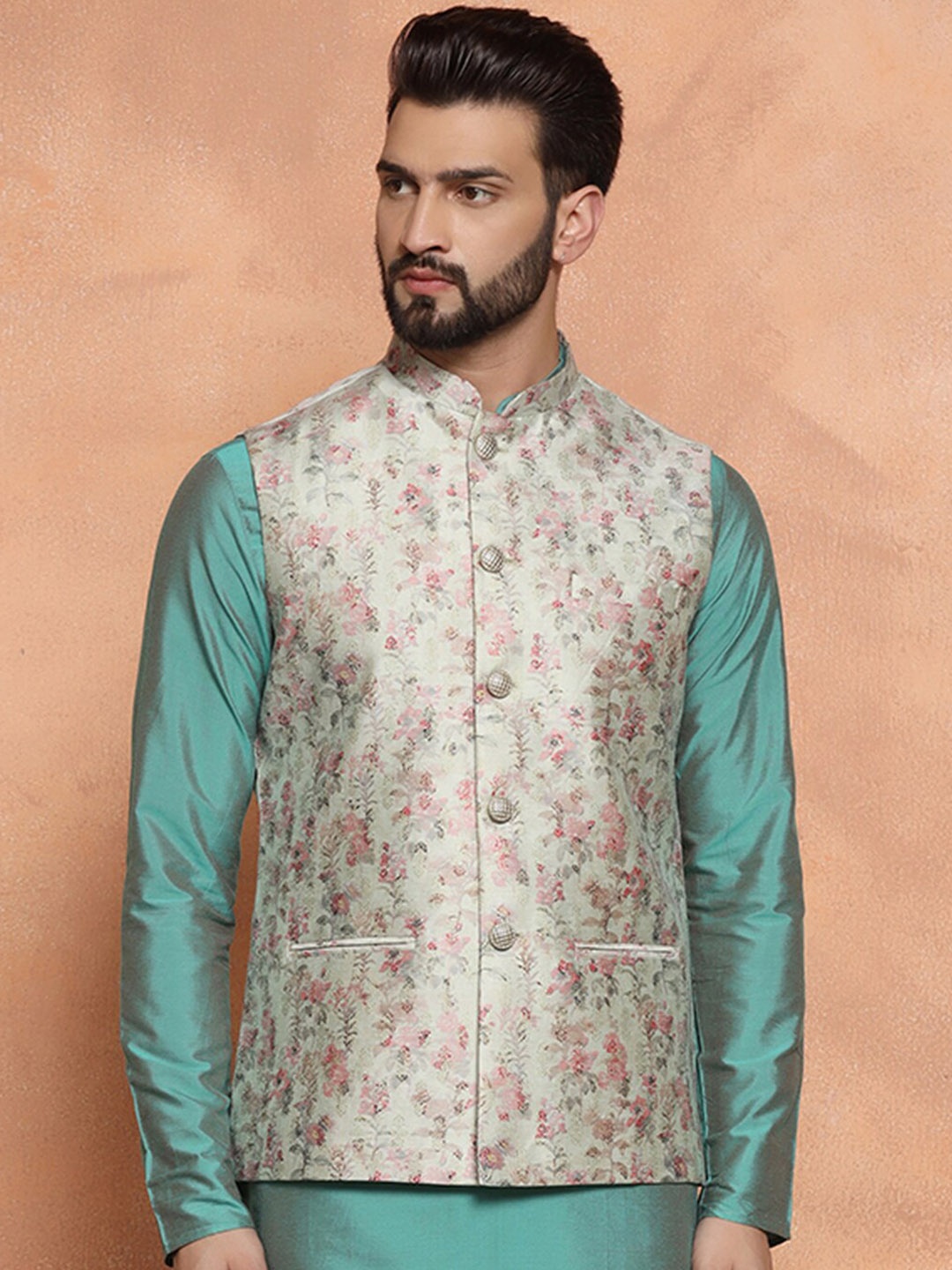 

KISAH Printed Nehru Jackets With Pocket Square, Beige