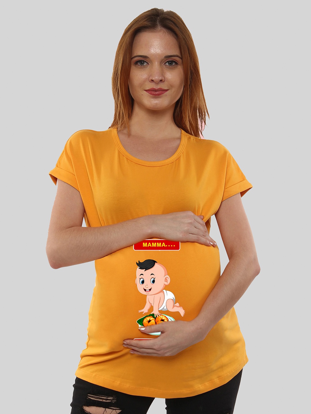 

SillyBoom Graphic Printed Extended Sleeves Cotton Maternity T-shirt, Yellow