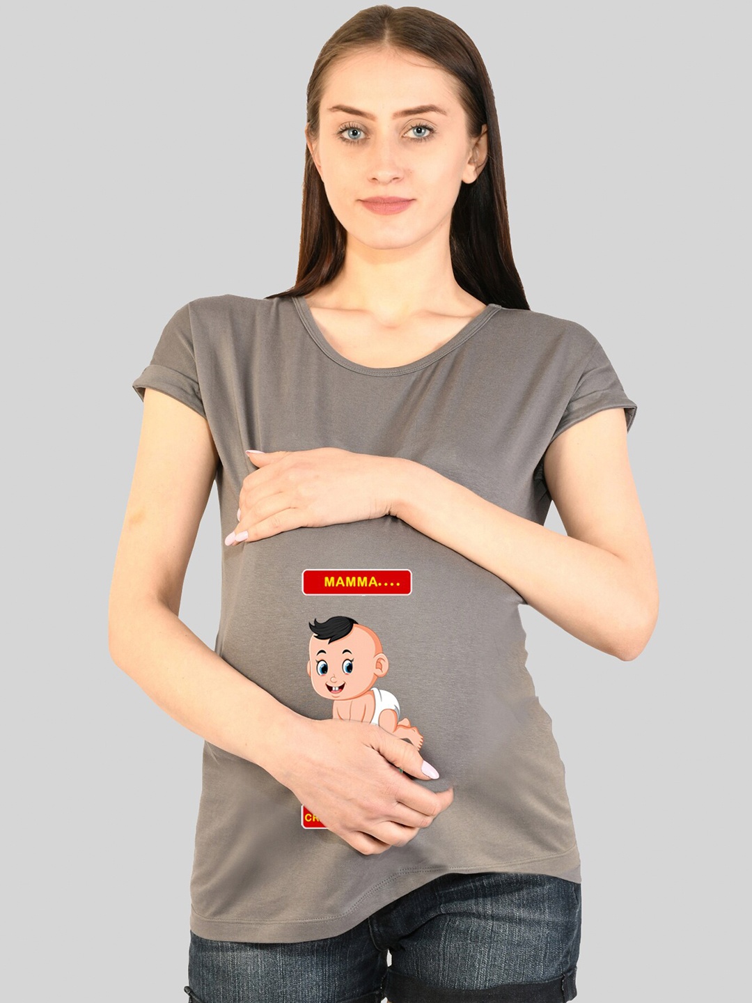 

SillyBoom Graphic Printed Extended Sleeves Cotton Maternity T-shirt, Grey