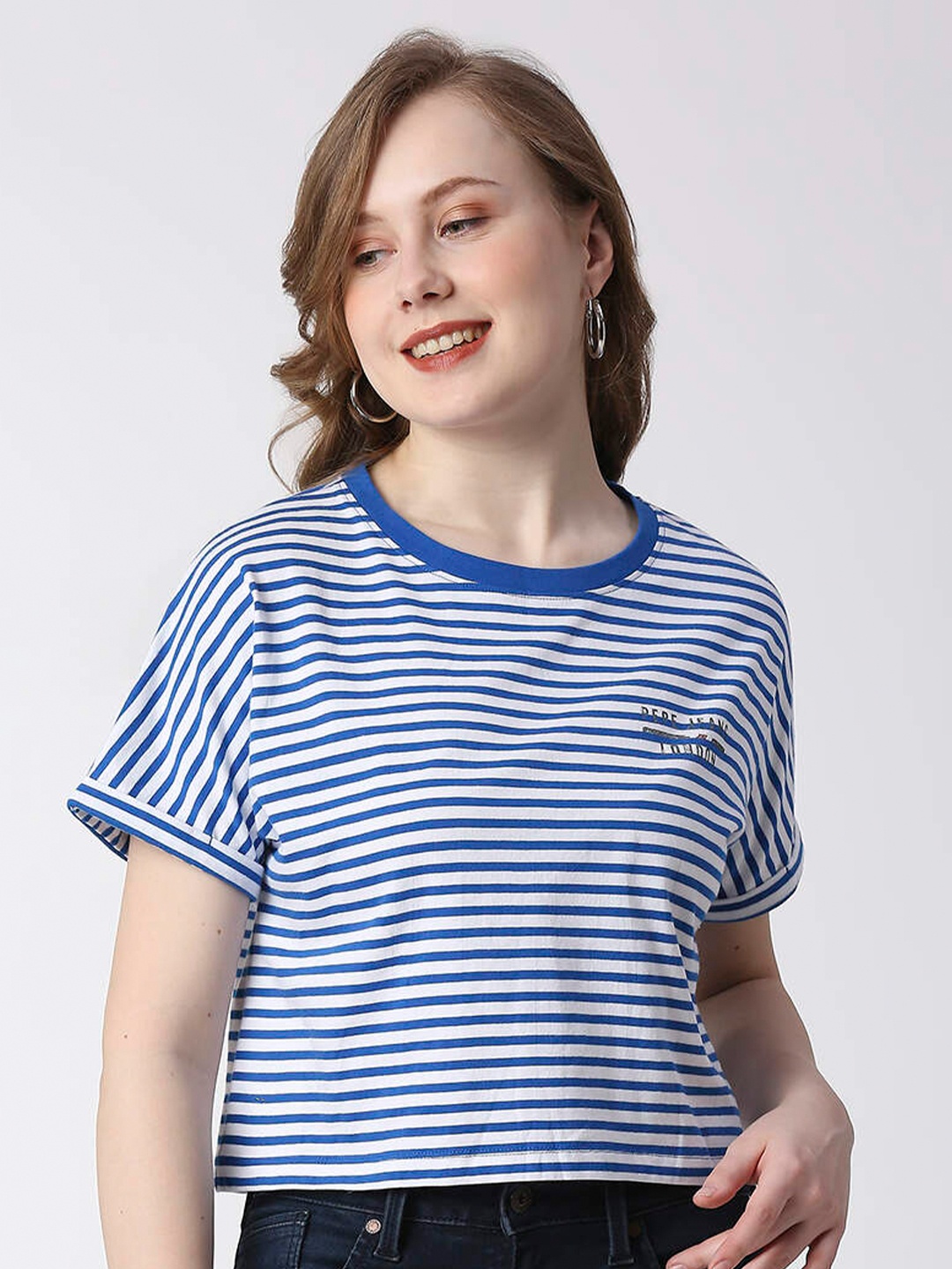 

Pepe Jeans Striped Cotton Relaxed-Fit Crop T-shirt, Blue
