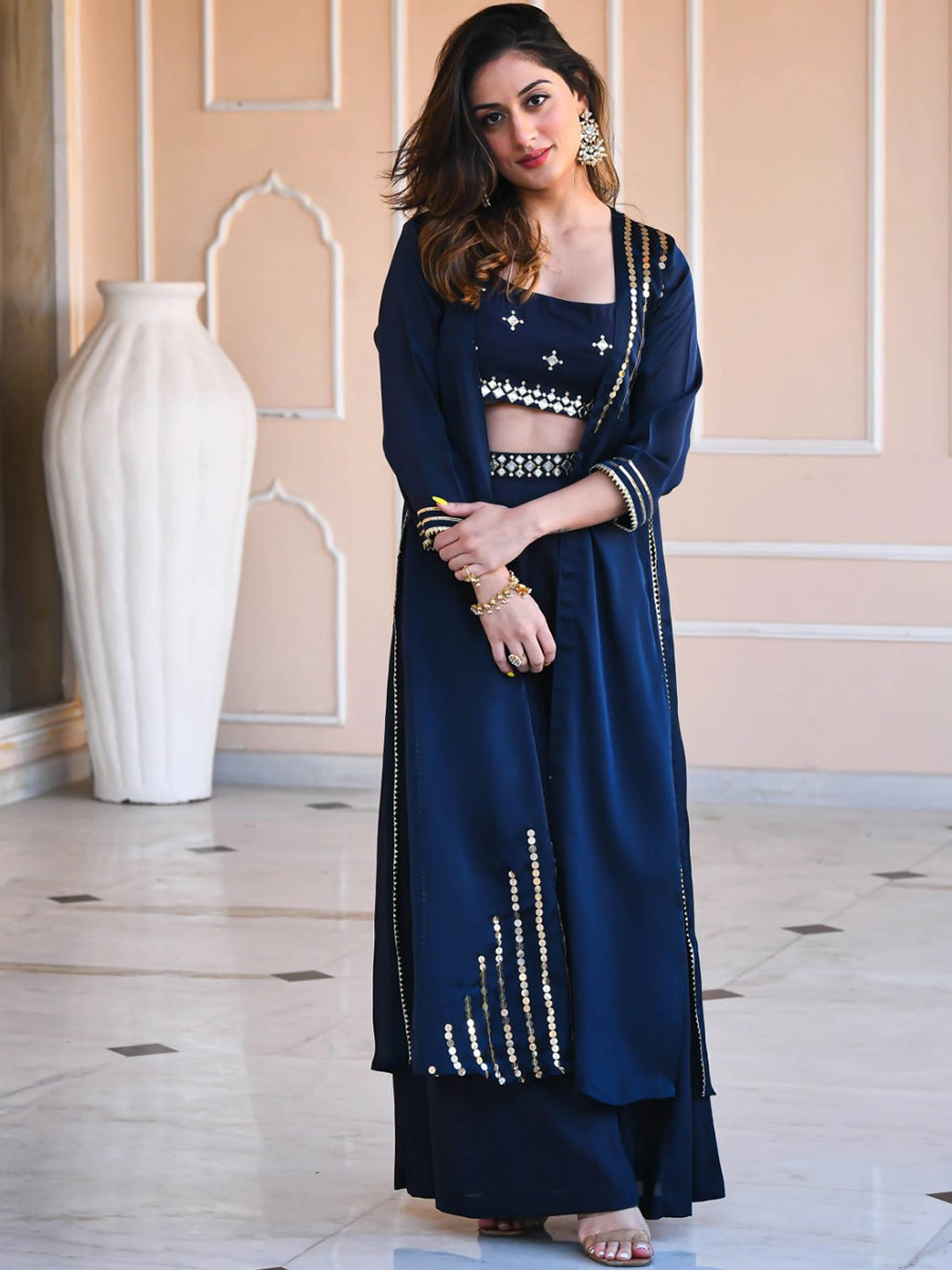 

Purple State Embellished Crop Top With Palazzos & Shrug Co-Ords, Navy blue