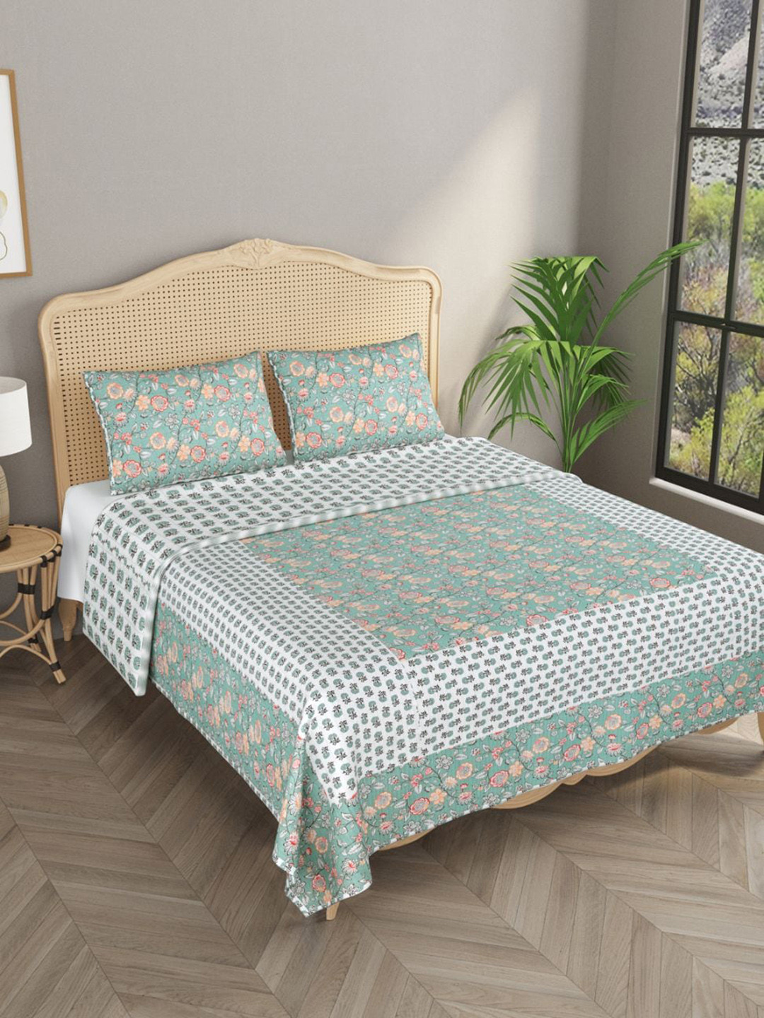 

Gulaab Jaipur Green & White Floral Printed 500 TC Cotton Double King Bedsheet With 2 Pillow Covers