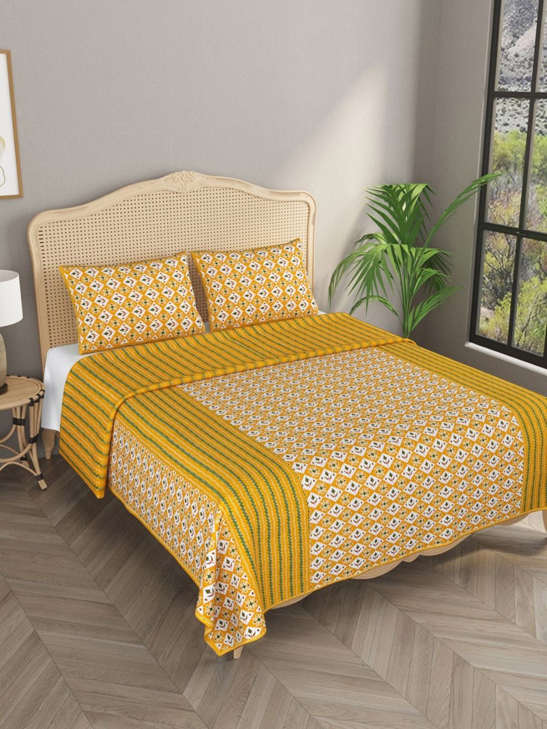 

Gulaab Jaipur Yellow & White Printed 500 TC Cotton Double King Bed Cover With 2 Pillow Covers