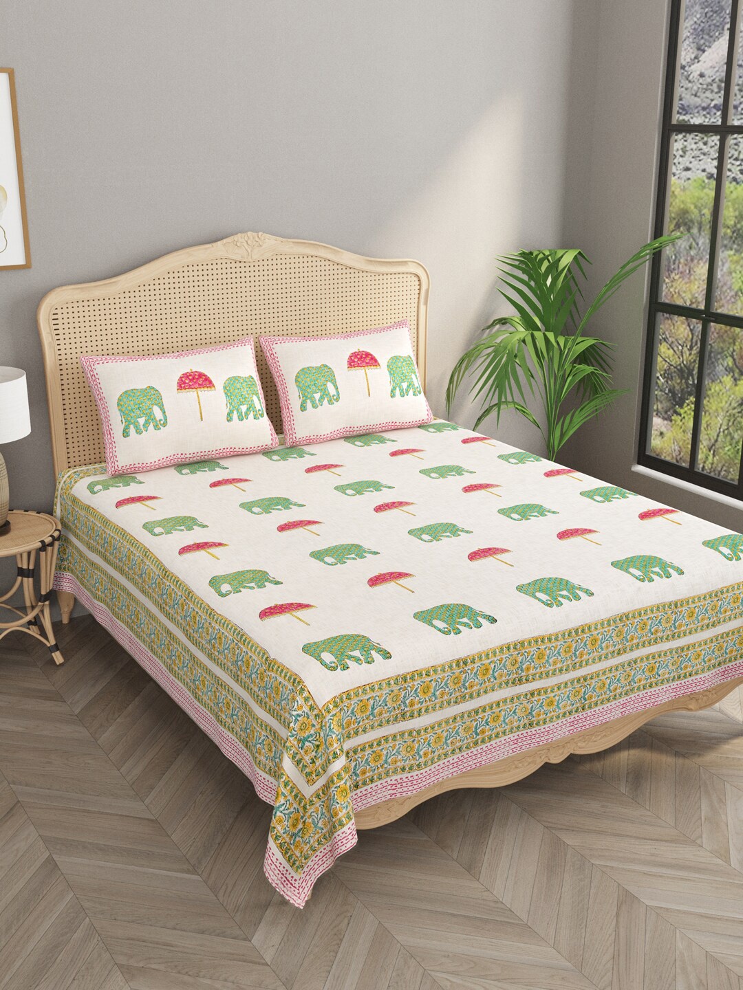 

Gulaab Jaipur Beige & Pink Printed 500 TC Jute Cotton Double King Bed Cover With 2 Pillow Covers