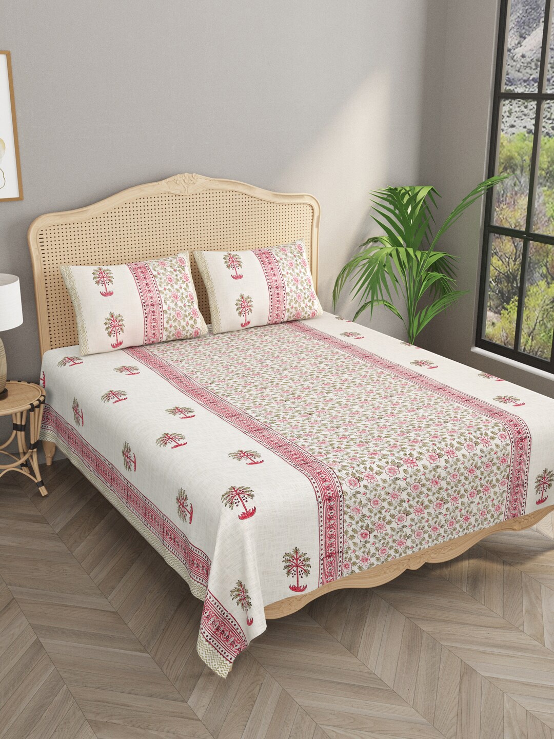 

Gulaab Jaipur Beige & Pink Floral Printed 500 TC Cotton Double King Bed Cover With 2 Pillow Covers