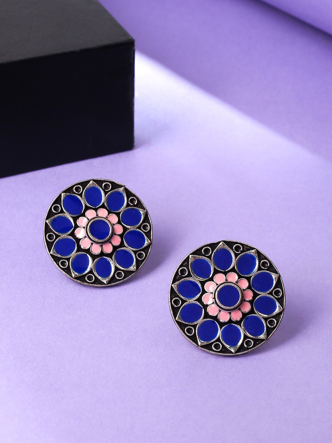 

VIRAASI Silver-Plated Circular Enamelled Studs Earrings, Blue