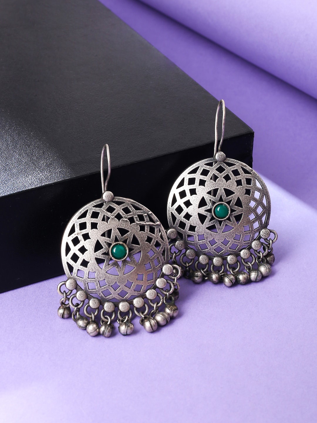 

VIRAASI Silver-Plated Circular Oxidised Ghungroo Drop Earrings