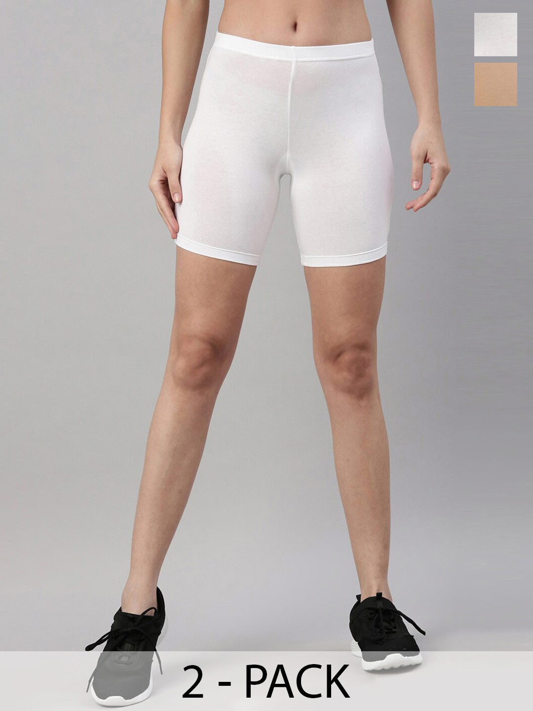 

TWIN BIRDS Pack of 2 Women Cotton Skinny Fit Yoga Sports Shorts, White