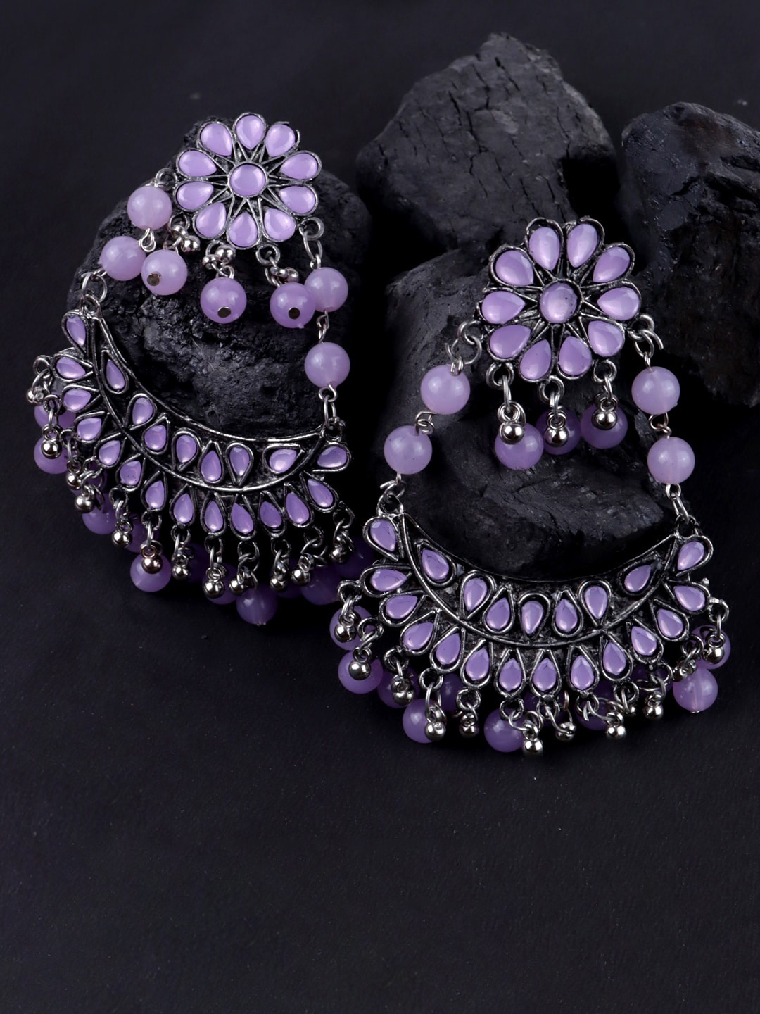 

Krelin Silver-plated Antique Floral Stone & Pearl Studded Earrings, Purple