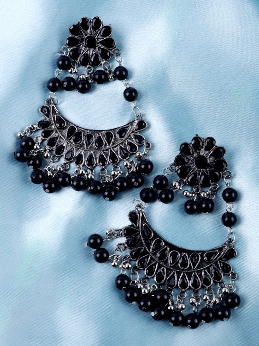 

Krelin Silver-Plated Teardrop Shaped Chandbalis Earrings, Black