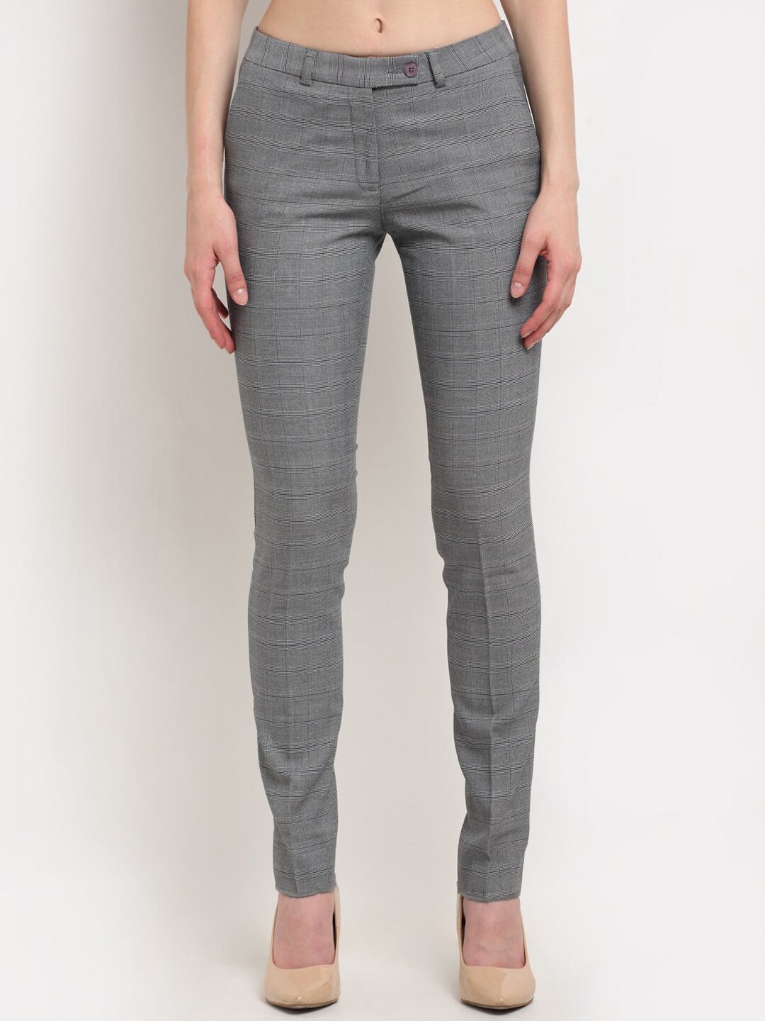 

Crozo By Cantabil Women Cotton Checked Trousers, Grey