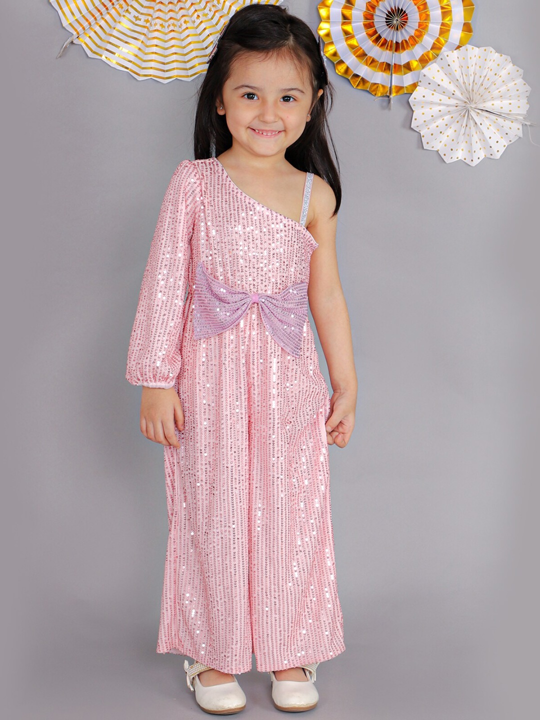 LIL DRAMA Girls Stylish Sequenced one Shoulder Basic Jumpsuit, Pink