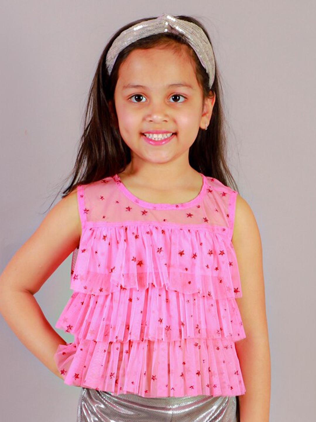 

LIL DRAMA Girls Graphic Printed Sleeveless Ruffles A-Line Party Top, Pink