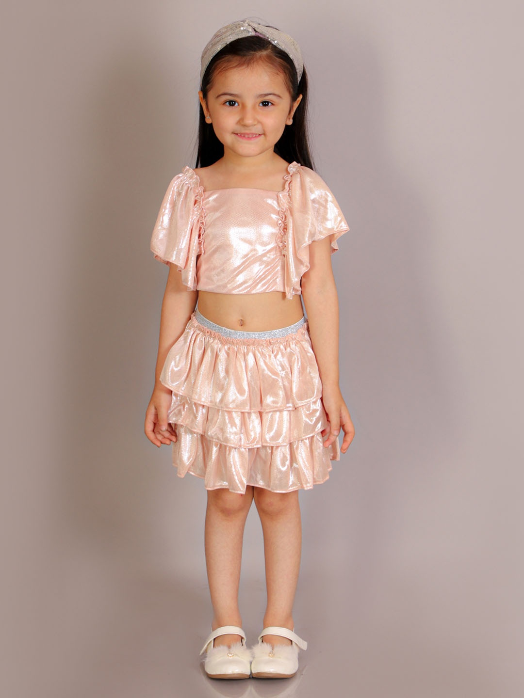 

LIL DRAMA Girls Embellished Ruffled Top with Skirt, Peach
