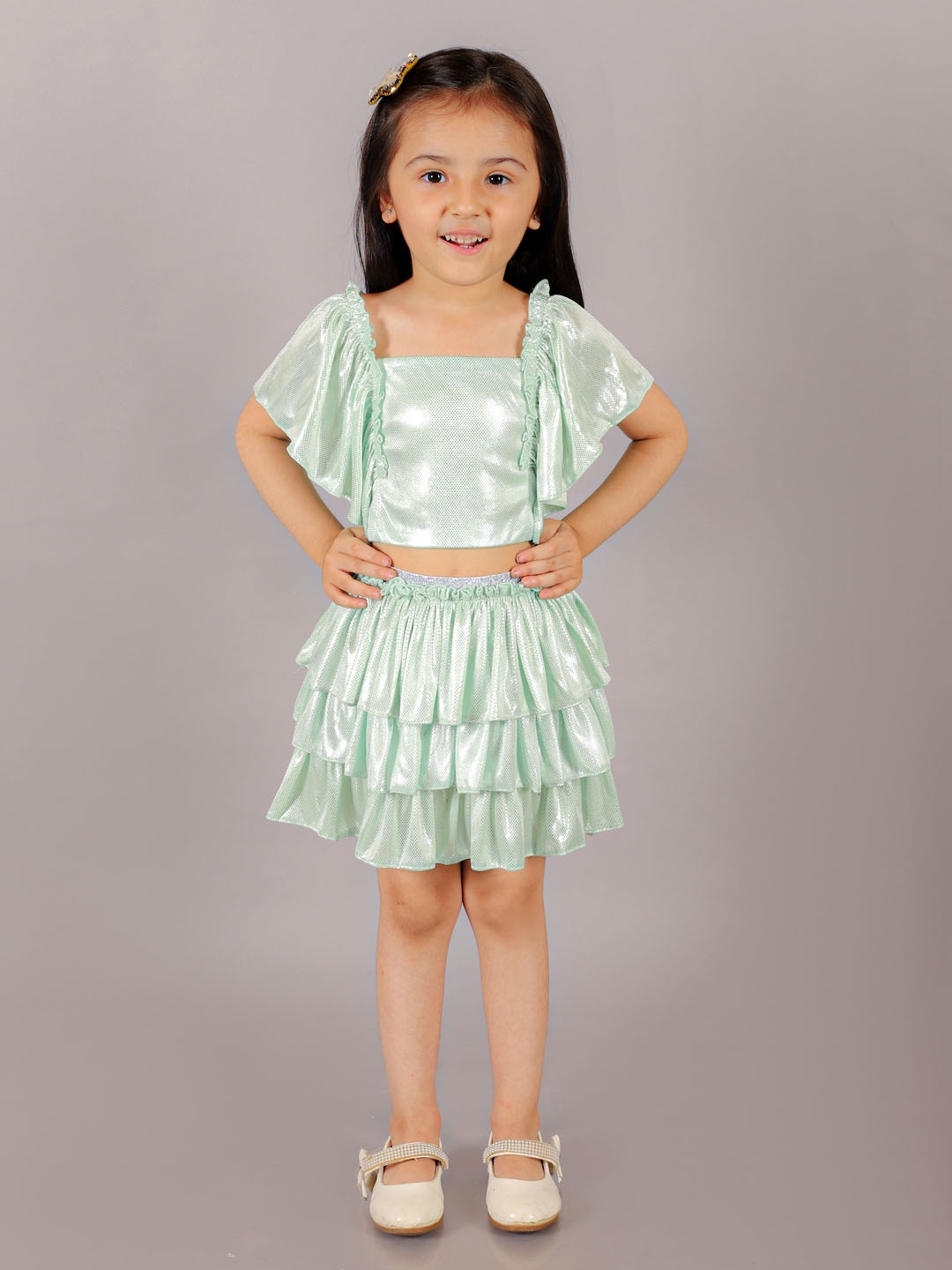 

LIL DRAMA Girls Embellished Top with Skirt, Green