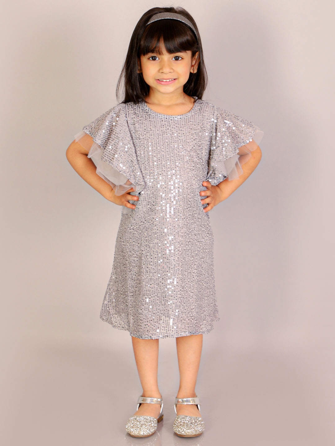 

LIL DRAMA Girls Embellished Flutter Sleeves A-Line Dress, Grey