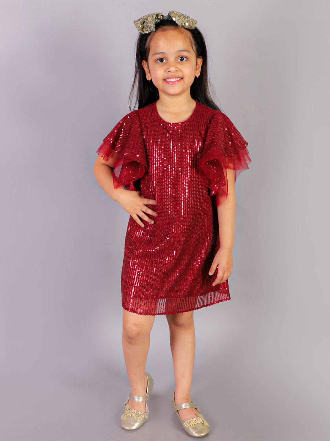 

LIL DRAMA Girls Round Neck Sequined Net Sheath Dress, Red