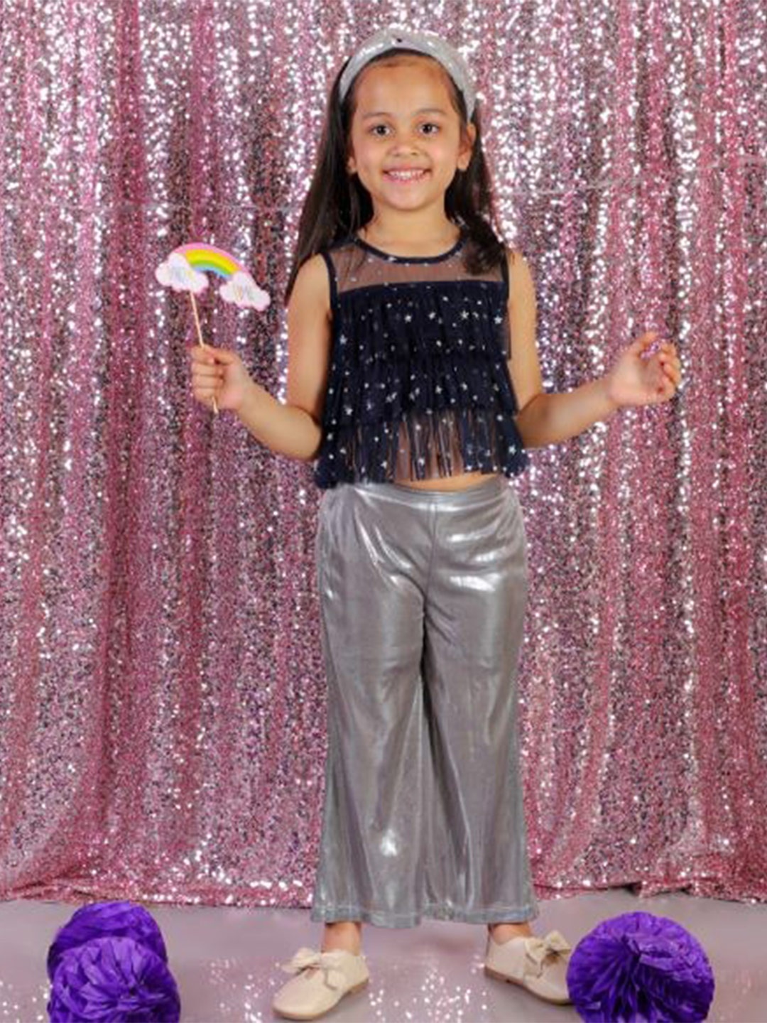 

LIL DRAMA Girls Printed Round Neck Sleeveless Ruffle Party Top, Navy blue
