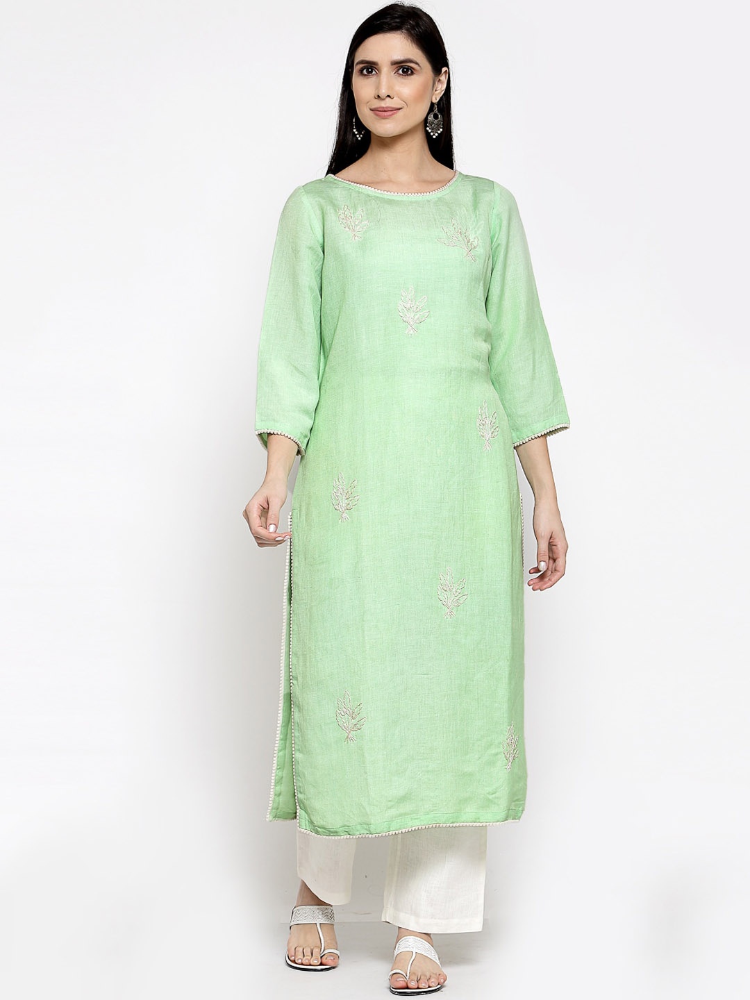 

DART STUDIO Floral Embroidered Straight Linen Kurta, Green