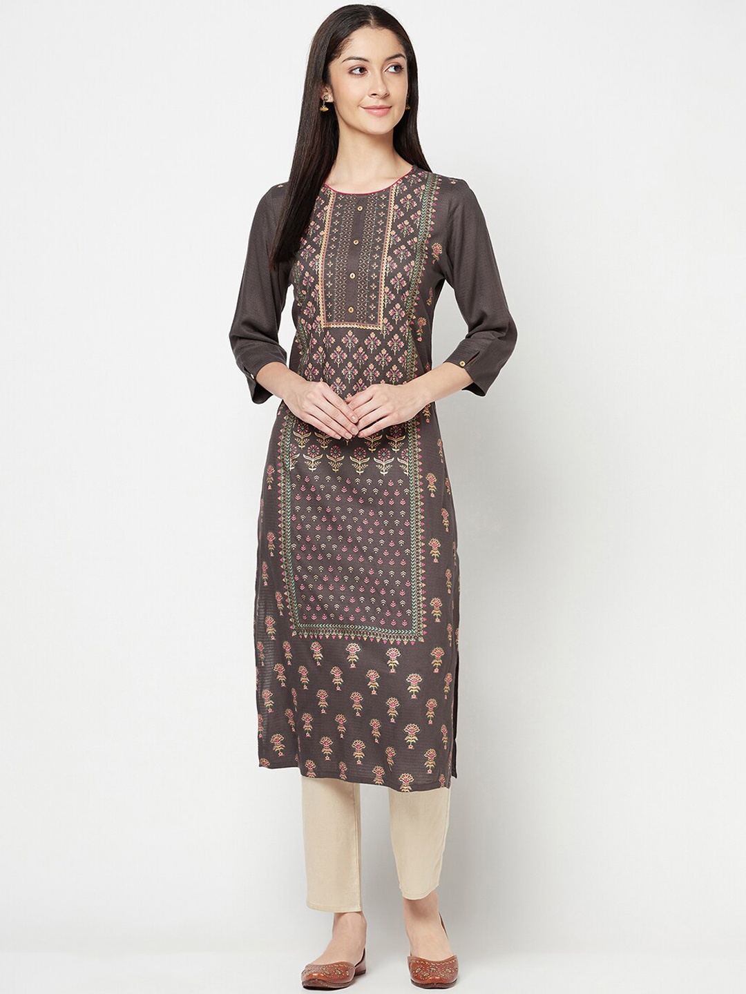 

Cantabil Ethnic Motifs Printed Round Neck Sequinned Kurta, Grey