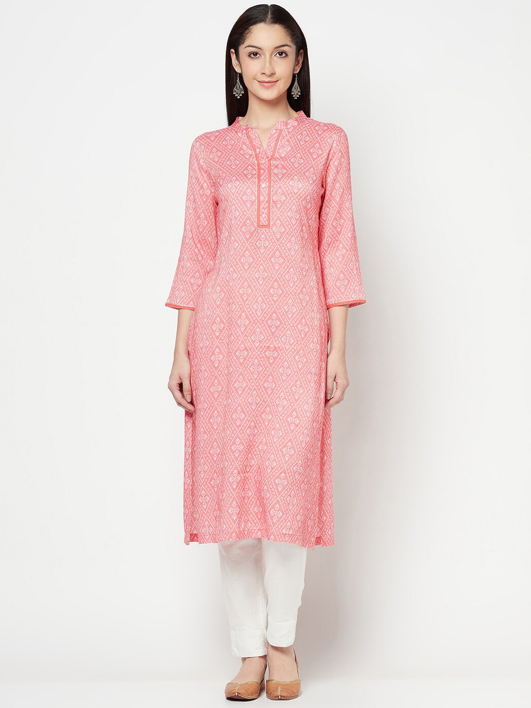 Cantabil Bandhani Printed Mandarin Collar Kurta, Pink