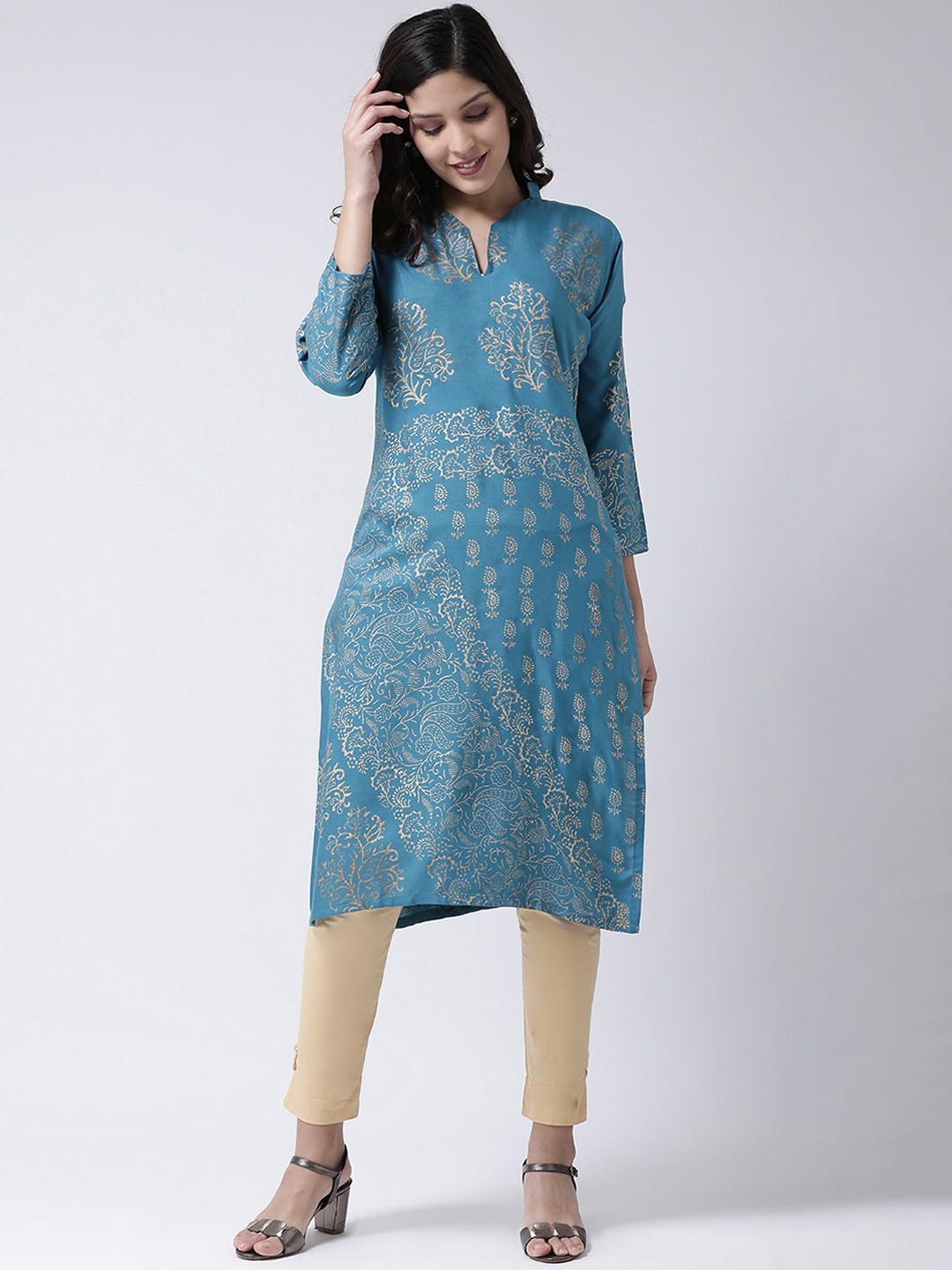 

Charitra Ethnic Motif Printed V Neck Straight Kurta, Turquoise blue